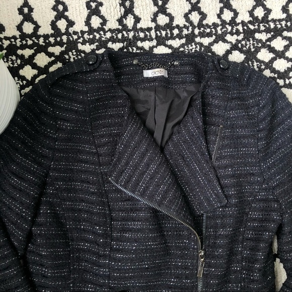Cache Moto Style Blazer Jacket Metallic Thread Size 6 Black Tweed Military - Picture 2 of 8